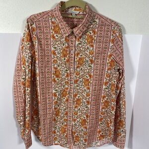 Lucky Brand Pink/Orange Floral L/S Cotton Button Front Shirt Womans S/P L1